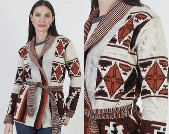 Maglione avvolgente stile sud-occidentale, stampa azteca vintage anni '70, cardigan tinto a effetto sfumato
