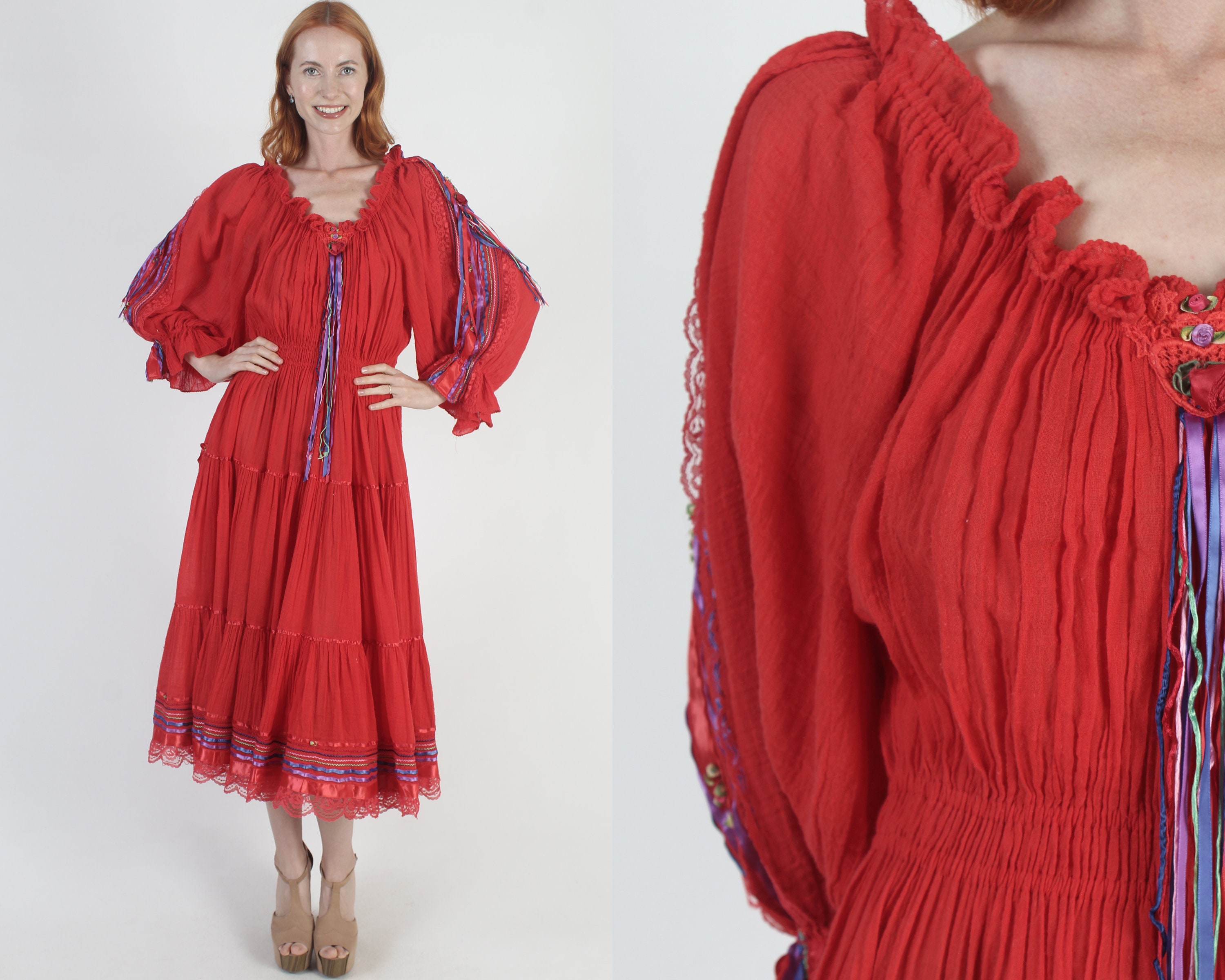 Anna Konya Vintage Gauze Dress 80s Gauzy Cottagecore Peasant Gown 