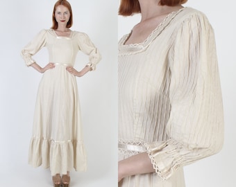 Cream Mexican Prairie Wedding Dress Plain Crochet Lace Gown Vintage Monochrome Striped Maxi Dress