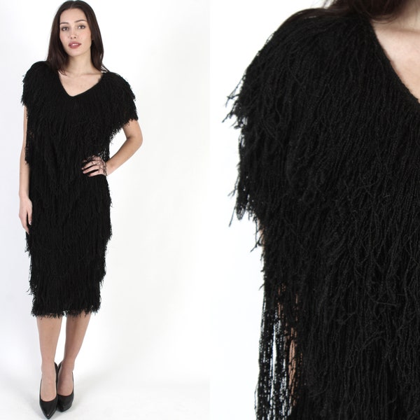 Hand Loomed Fringe Dress Simple Tiered LBD Wiggle Vintage 80s Disco Lounge Mini Frock