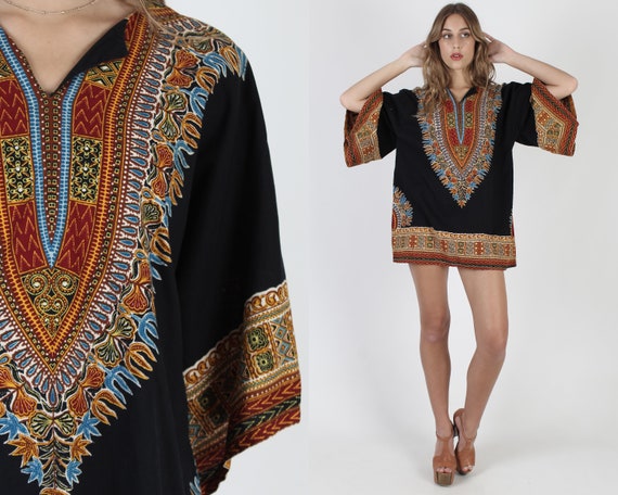 Vintage 70s Navy Dashiki Top / Cotton Kimono Sleev