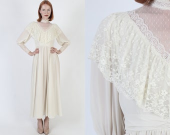 Vintage 70s Victorian Lace Dress, Floral Embroidered Sheer Capelet, Historical Period Antique Wedding Gown