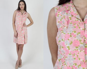 Vintage 70s Garden Floral Dress Mod Day Party Thin Pink Sheath Simple Mini