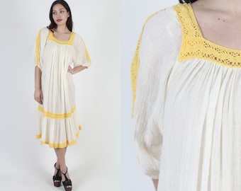 White Thin Gauze Mexican Dress Sheer Cotton Crochet Beach Cover Up Dress Vintage Mexican Inspired Midi Dress