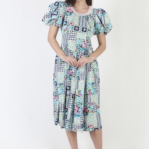 Full Skirt Western Dress / Patchwork Square Dancing / 70s Honky Tonk / Puff Sleeves Lace Midi