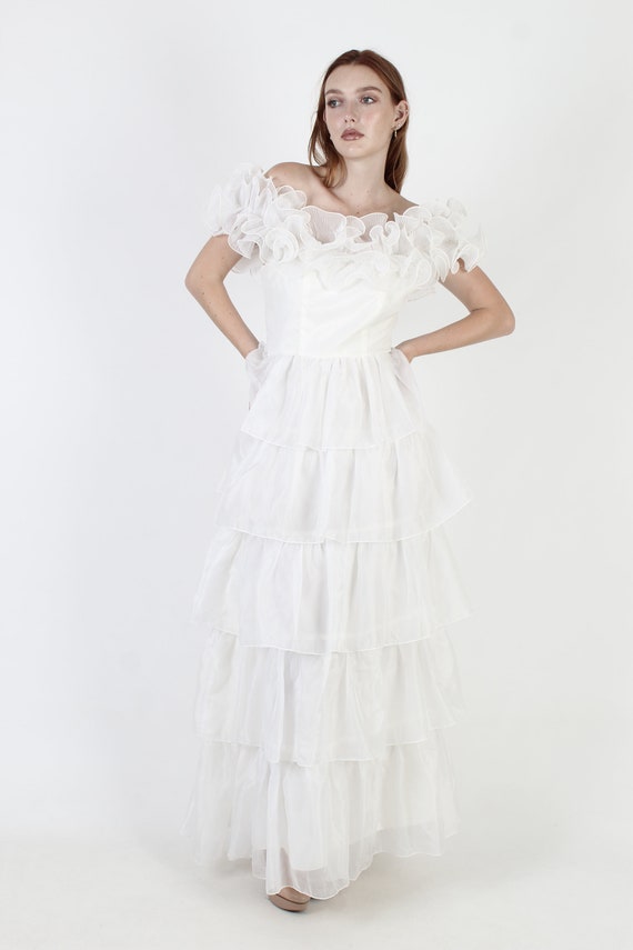 Elegant Tiered Sheer Chiffon Wedding Gown / Vinta… - image 2