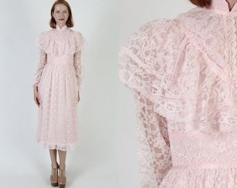 Pink Prairie Lace Wedding Dress / Vintage 70s Solid Bridal Gown / Long Summer Plain Frock / Simple Country Lawn Maxi