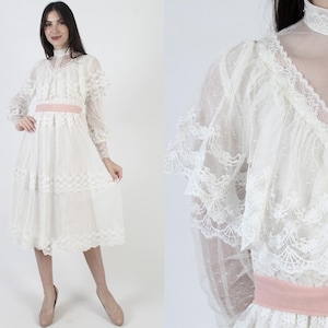 Victorian Wedding Dress, Sheer White Floral Lace, Bridal High Collar, Edwardian Ruffle Capelet