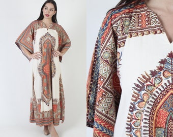 Large Indian Bell Sleeve Ethnic Dashiki Dress / Wing Kimono Style Angel Sleeves / Vintage Bohemian Festival Caftan