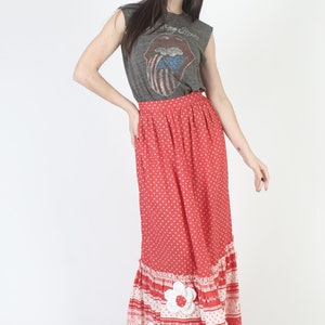 Long Cottagecore Embroidered Applique Floral Skirt, High Waisted Full A Line Fit, Red Cotton Prairie Maxi Outfit image 4