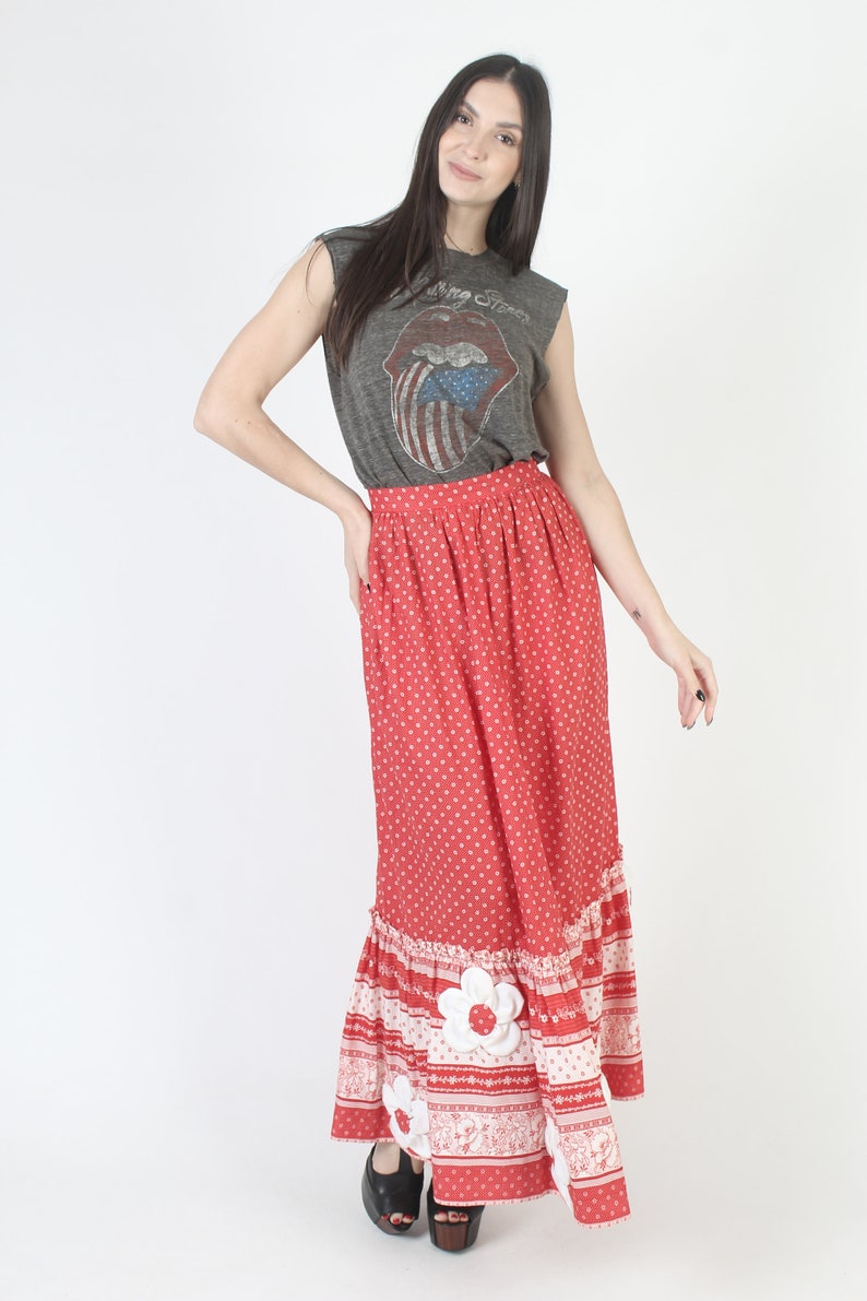 Long Cottagecore Embroidered Applique Floral Skirt, High Waisted Full A Line Fit, Red Cotton Prairie Maxi Outfit image 4