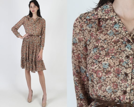 Vintage 70s Thin Brown Floral Dress / Wildflower … - image 1