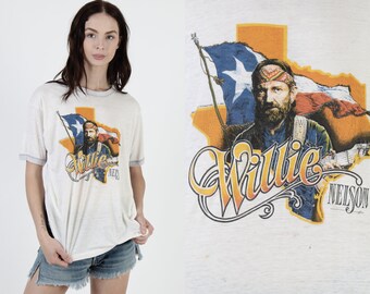 Willie Nelson T Shirt / 1984 July 4th Picnic / Outlaw Country Texas Rebel Tee / White Paper THIN Western Shirt