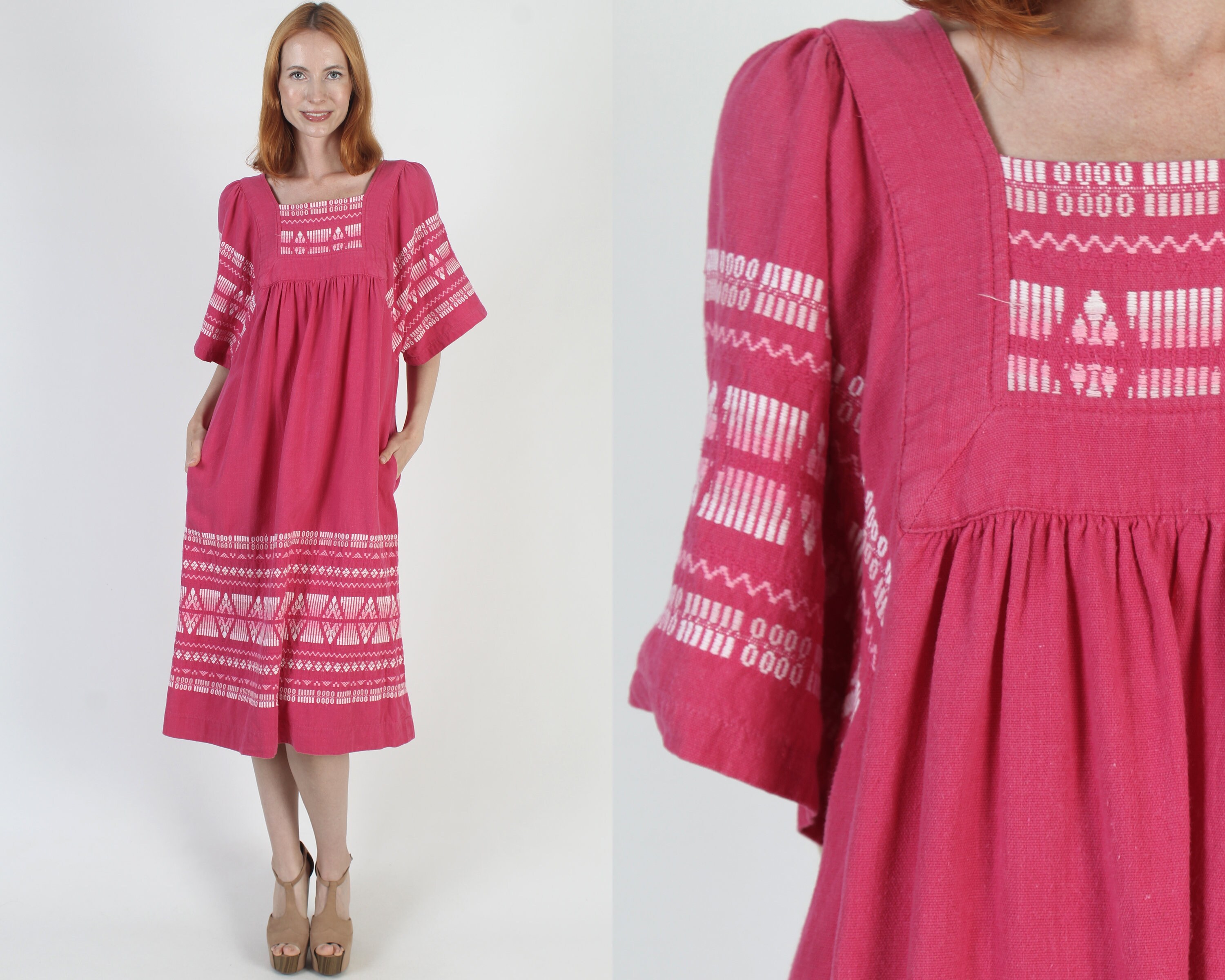 Traditional Aztec Embroidered Guatemalan Tent Dress, Zig Zag