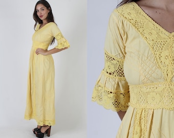 Marigold Mexican Dress / Crochet Lace Made In Mexico Gown / Vintage Ethnic Wedding Bell Sleeves / Pintuck Cotton Fiesta Maxi
