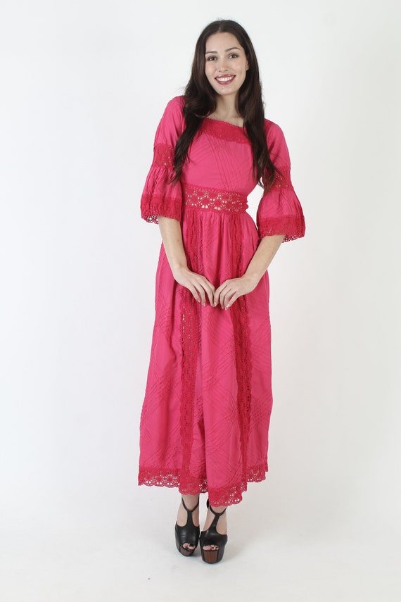 Magenta Bell Sleeve Mexican Dress, Crochet Lace Q… - image 2