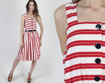 1980s Red White Striped Dress / Holiday Party Outfit / Nautical Full Skirt Summer Dress / Americana Sun Mini