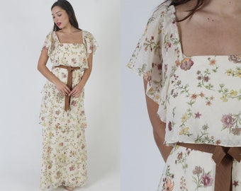 Long Tiered Garden Floral Bridesmaids Gown, Vintage 70s Layered Romantic Maxi Dress, Elastic Shoulder Flower Print Sundress