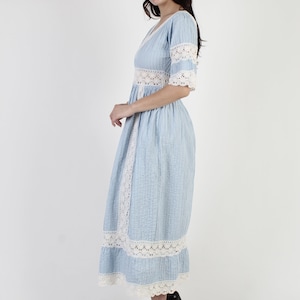 Baby Blue Bell Sleeve Mexican Dress Crochet Lace Quinceanera Dress 70s Ethnic Wedding Festival Pintuck Cotton Fiesta Maxi Dress image 4