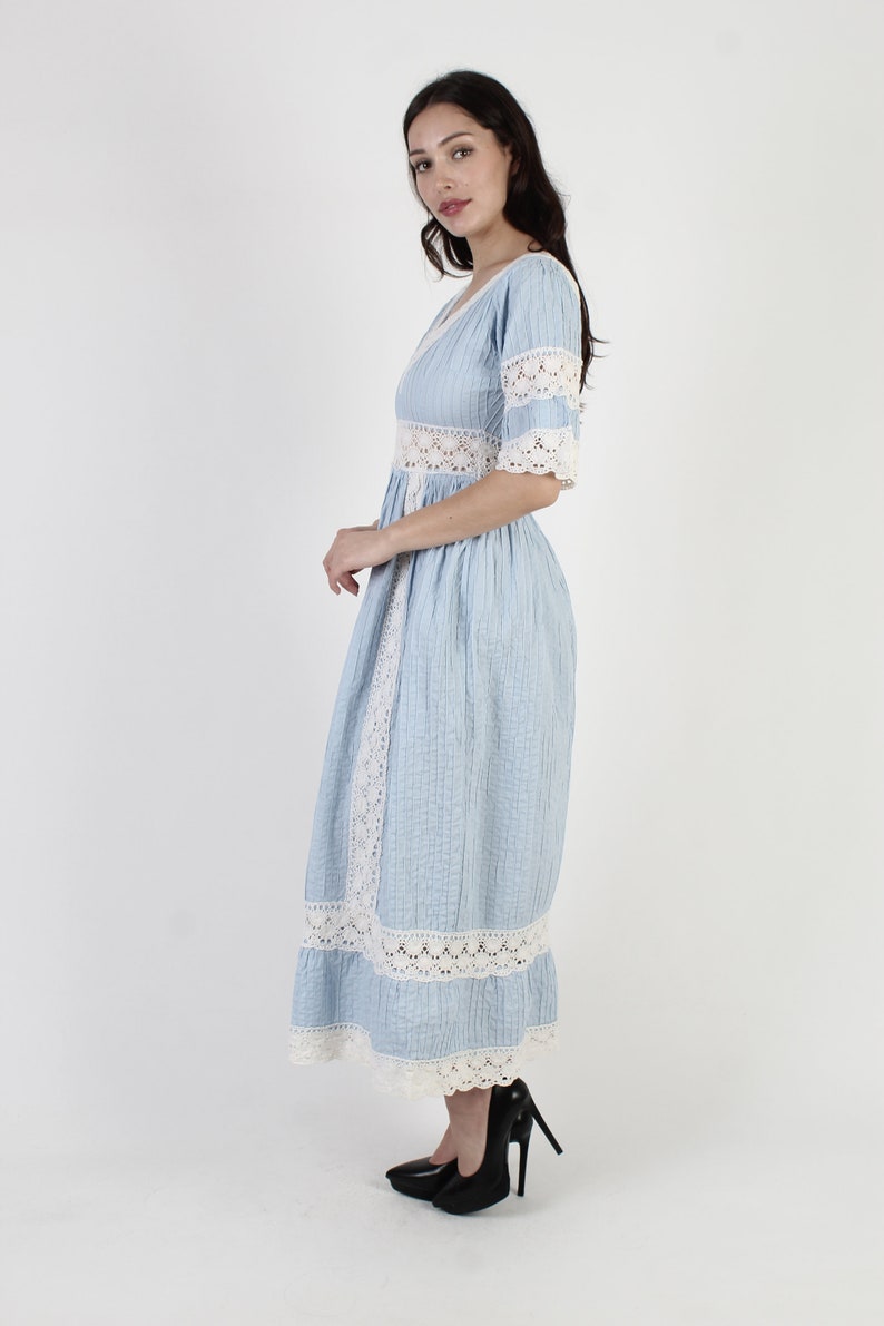 Baby Blue Bell Sleeve Mexican Dress Crochet Lace Quinceanera Dress 70s Ethnic Wedding Festival Pintuck Cotton Fiesta Maxi Dress image 4