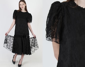 Vintage 70s Deco Lace Wedding Dress / Sheer Floral Lace Drop Waist Dress / Womens Victorian Style All Black Mini Dress