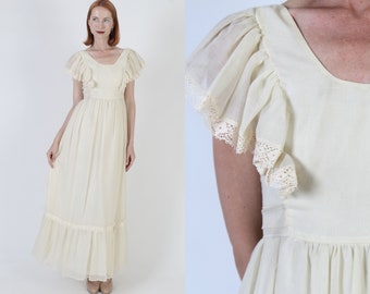 Ivory Prairie Wedding Dress Vintage 70s Sheer Floral Lace Bridal Gown Victorian Off White Bridesmaids Lawn Dress