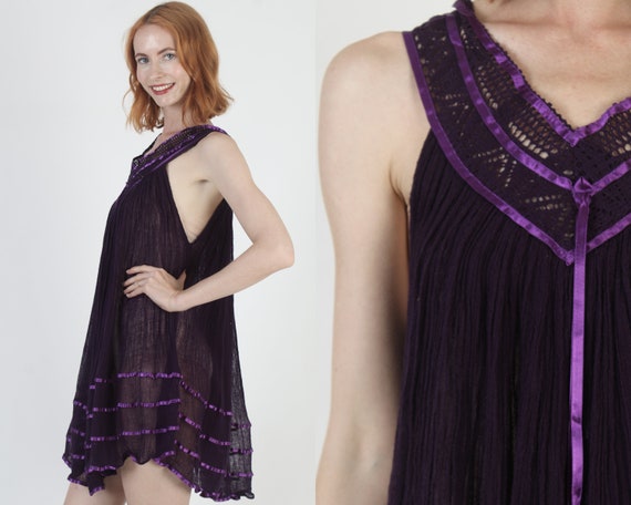 Purple Mexican Gauze Mini Dress Lightweight Thin … - image 1