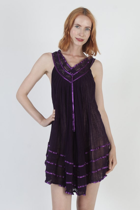 Purple Mexican Gauze Mini Dress Lightweight Thin … - image 4