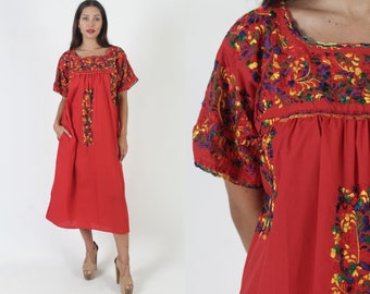 Rotes San Antonio Maxi Kleid Besticktes Oaxaca Sommerkleid Mexiko Puebla Outfit Taschengröße XL