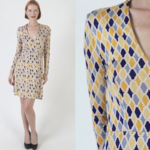 Diane Von Furstenberg Geometric Jersey Dress, Vintage 80s DVF Silk Wrap, Stretchy Designer All Over Print Frock