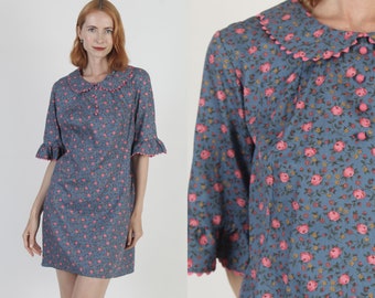 All Over Rose Floral Print Dress 60s Peter Pan Collar Frock Vintage Old Fashion Ric Rac Trim Bell Ruffle Sleeves