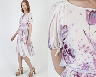 70s Thin Purple Floral Dress / Sheer Flower Full Draped Frock / Lightweight Airy Midi Sundress