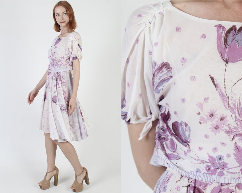 70s Thin Purple Floral Dress / Sheer Flower Full Draped Frock / Lightweight Airy Midi Sundress image 1