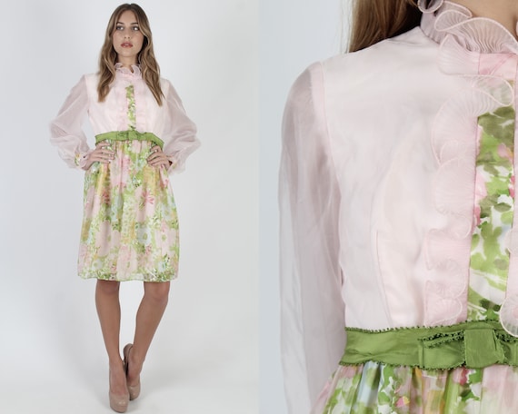 Sheer Pink Chiffon Mini Dress / Pastel Easter Tuxe