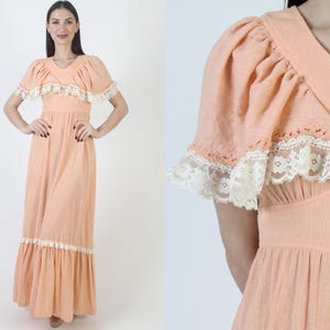 Robe prairie en coton orange, capeline avec bordure en dentelle, robe de mariée bohème vintage, longue longueur maxi