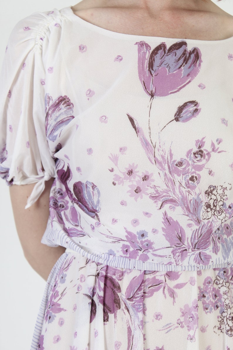 70s Thin Purple Floral Dress / Sheer Flower Full Draped Frock / Lightweight Airy Midi Sundress image 7