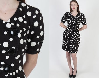 Black Polka Dot Dress / 1980s White Spotted Wiggle Dress / Vintage 80s Lillie Rubin Dress / Cocktail Party Pencil Evening Mini Dress