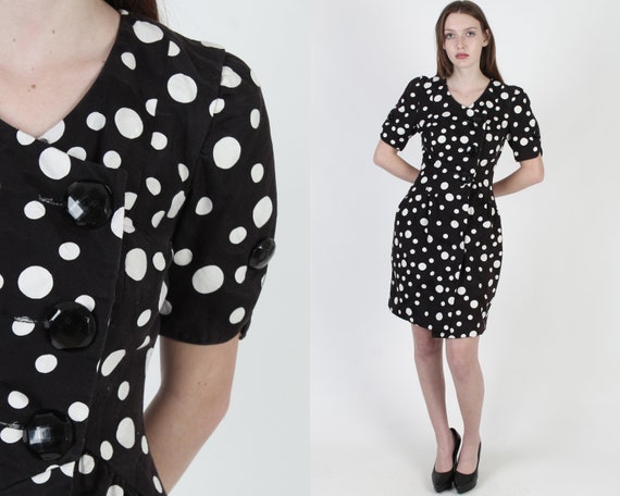 Black Polka Dot Dress / 1980s White Spotted Wiggl… - image 1