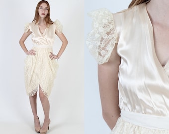 Glam Avant Garde Dress, Champagne Lace With Deep V Neckline, Fancy Draped Bridal Party Mini Dress