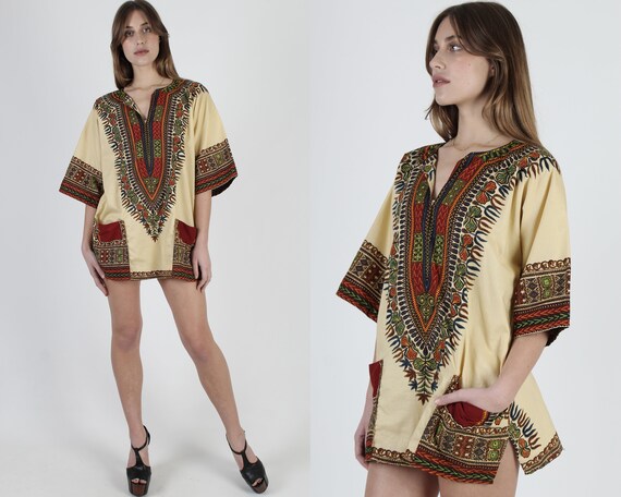 Cream Paisley Angel Sleeve Pockets Dashiki / Vinta