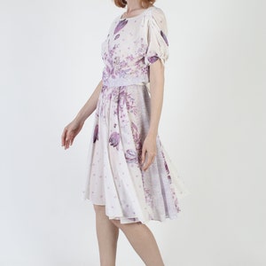 70s Thin Purple Floral Dress / Sheer Flower Full Draped Frock / Lightweight Airy Midi Sundress image 5
