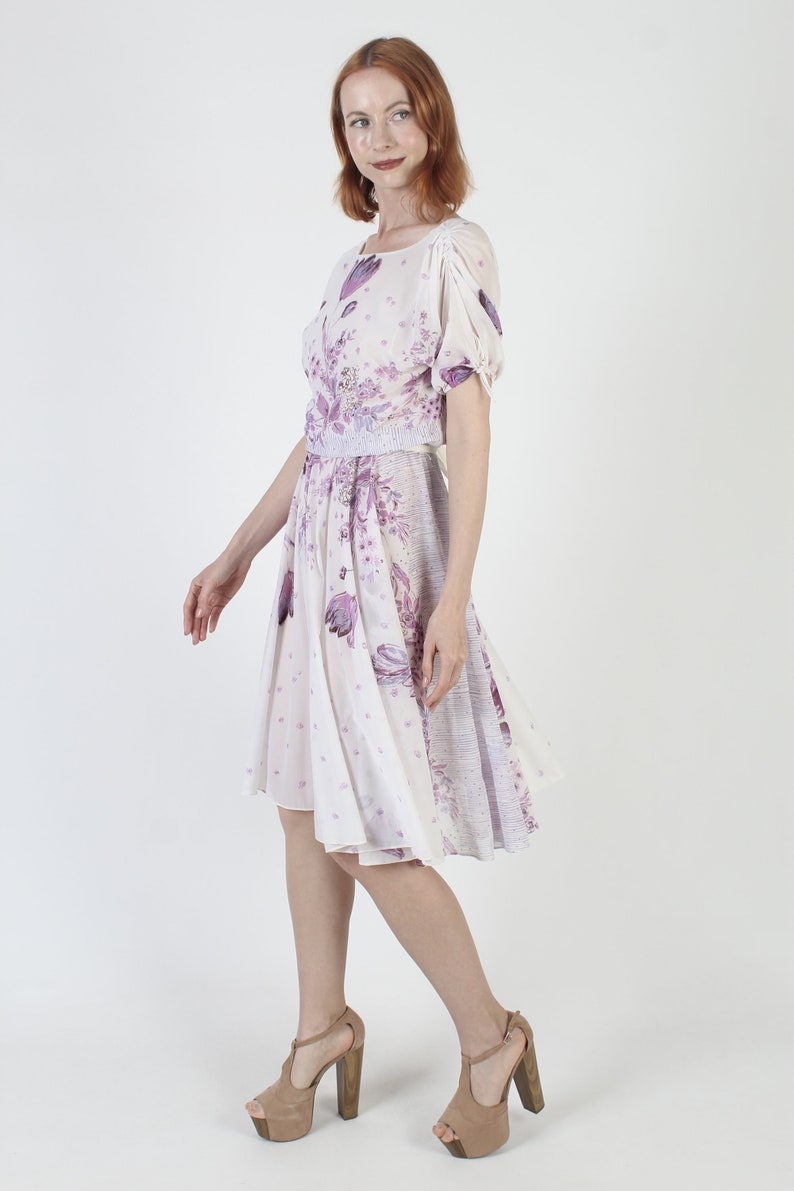 70s Thin Purple Floral Dress / Sheer Flower Full Draped Frock / Lightweight Airy Midi Sundress image 5