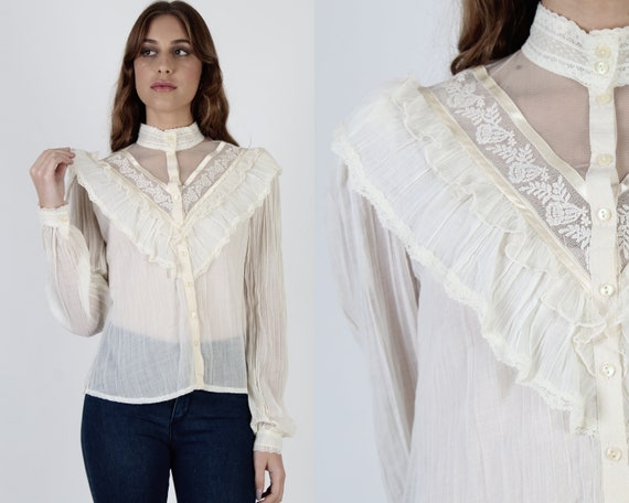 Vintage Gunne Sax Gauze Top / Ivory Gunne Sax Blou