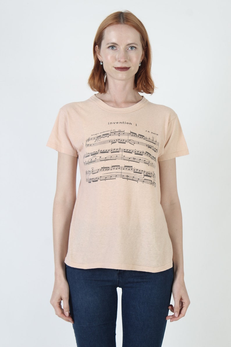 Johann Sebastian Bach T Shirt, Vintage 70s Musical Notes Tee, Music Sheet Composer Top, Size Small S image 2