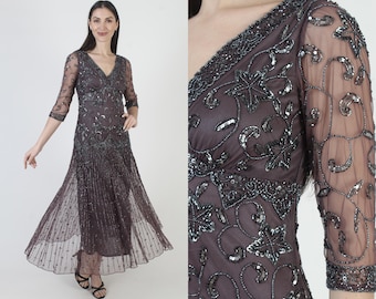 Pisarro Nights Illusion Mesh Eggplant Beaded Evening Gown Size Women's Size 4