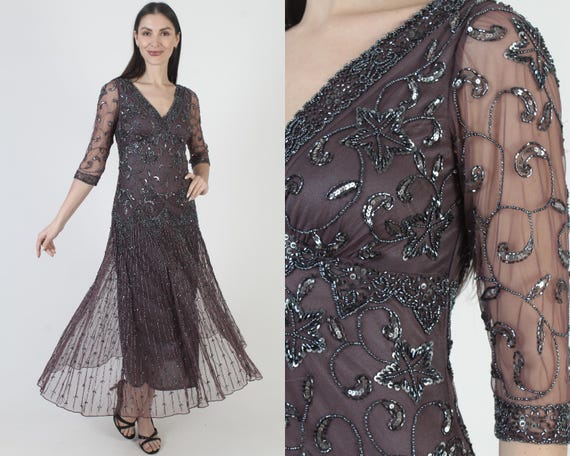 Pisarro Nights Illusion Mesh Eggplant Beaded Evening Gown Size Women's Size  4 - Etsy Ireland