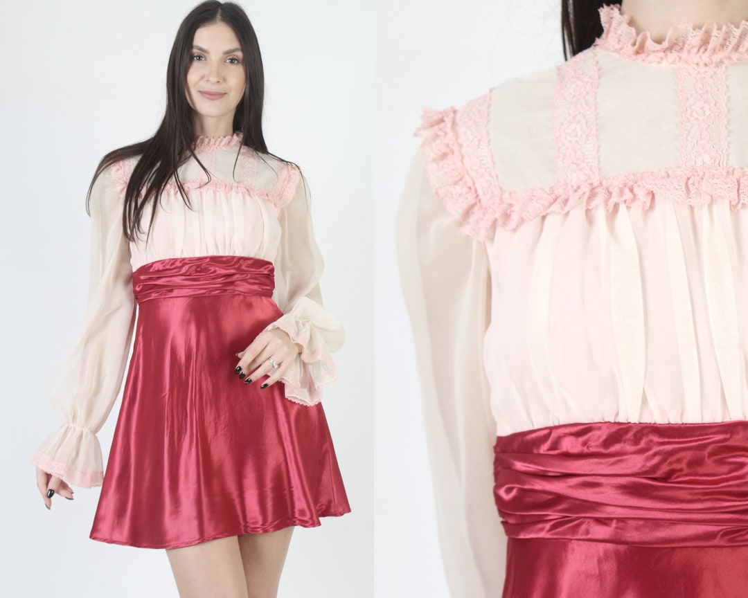 60s Holiday Red Chiffon Empire Waist Dress, Mod Party Micro Mini Frock ...