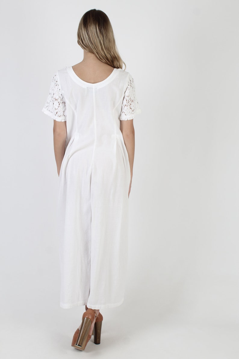 White Cotton Wide Leg Jumpsuit Vintage 80s Bali Lace Sleeve Playsuit Plain Baggy Button Up Utility Playsuit With Pockets