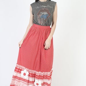 Long Cottagecore Embroidered Applique Floral Skirt, High Waisted Full A Line Fit, Red Cotton Prairie Maxi Outfit image 3