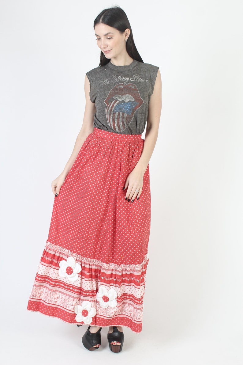 Long Cottagecore Embroidered Applique Floral Skirt, High Waisted Full A Line Fit, Red Cotton Prairie Maxi Outfit image 3